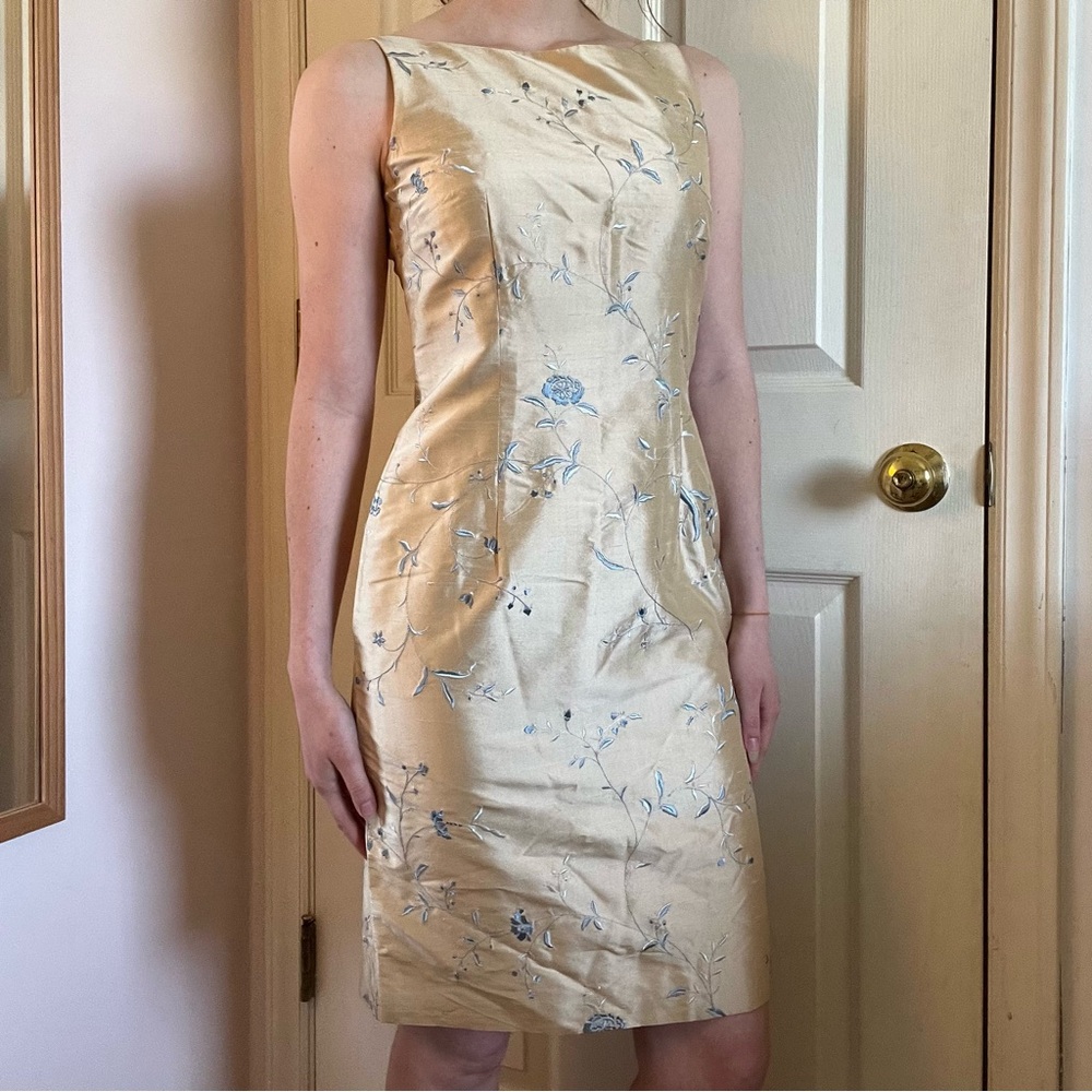 Ann Taylor Petite Blue & Gold Embroidered Dress